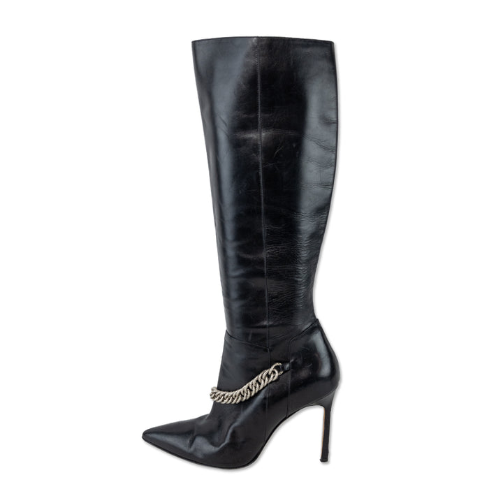 Manolo Blahnik Black Leather Chain Knee High Boots