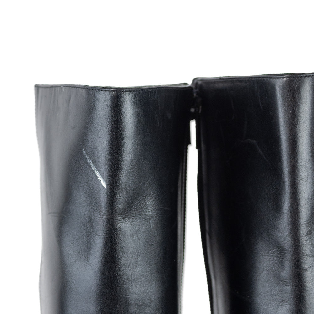 Manolo Blahnik Black Leather Chain Knee High Boots