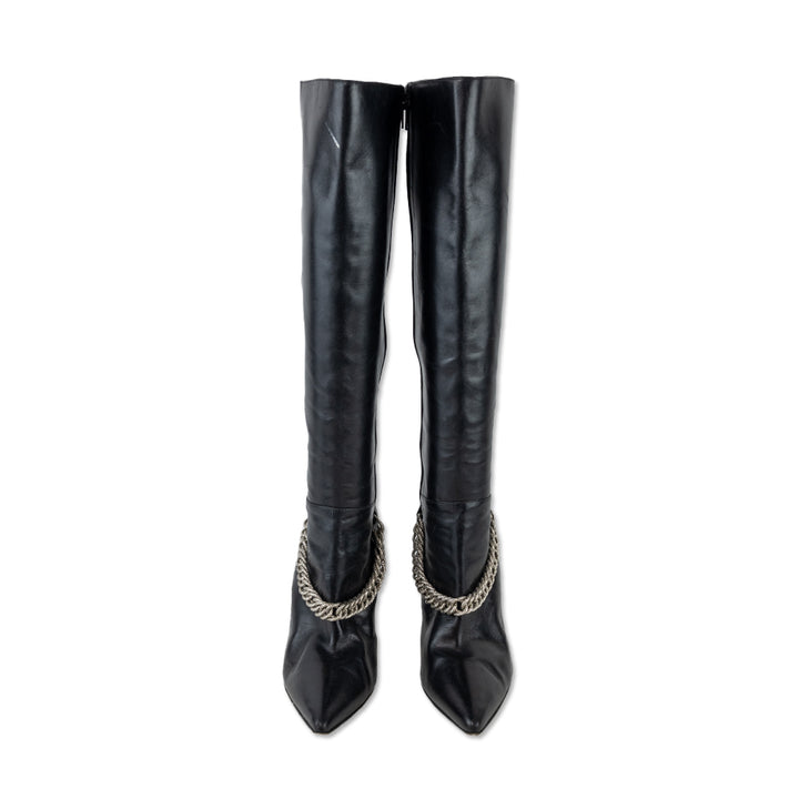 Manolo Blahnik Black Leather Chain Knee High Boots