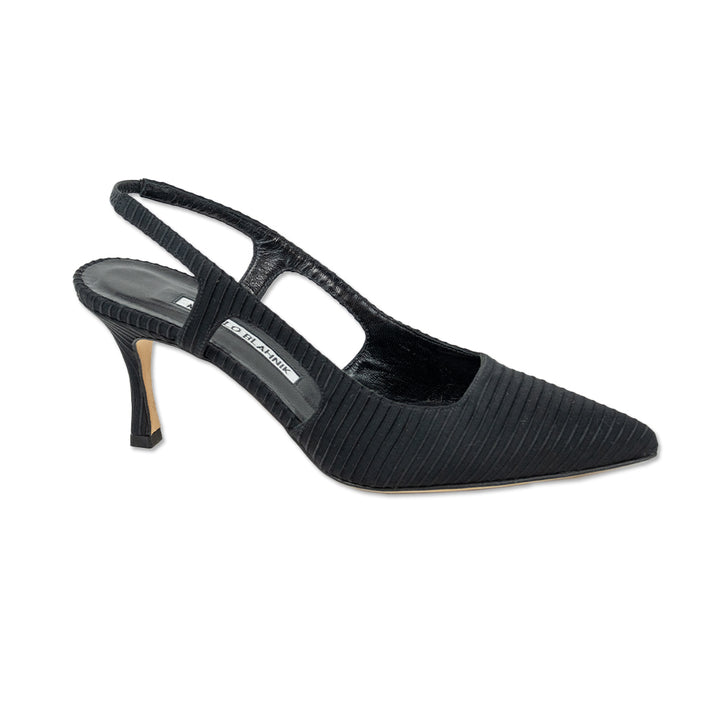 Manolo Blahnik Black Ribbed Satin Slingback Pumps