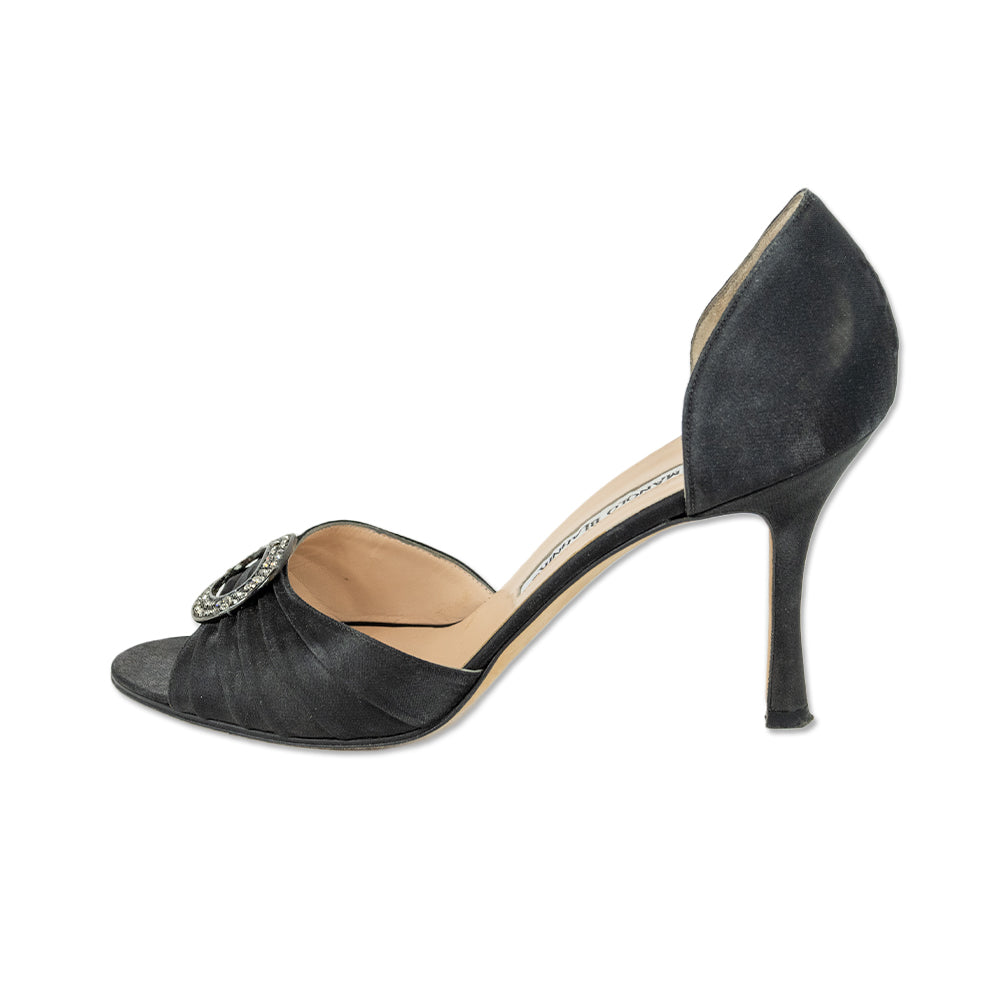 Manolo Blahnik Black Ruched Satin Round Crystal Buckle D'Orsay Pumps