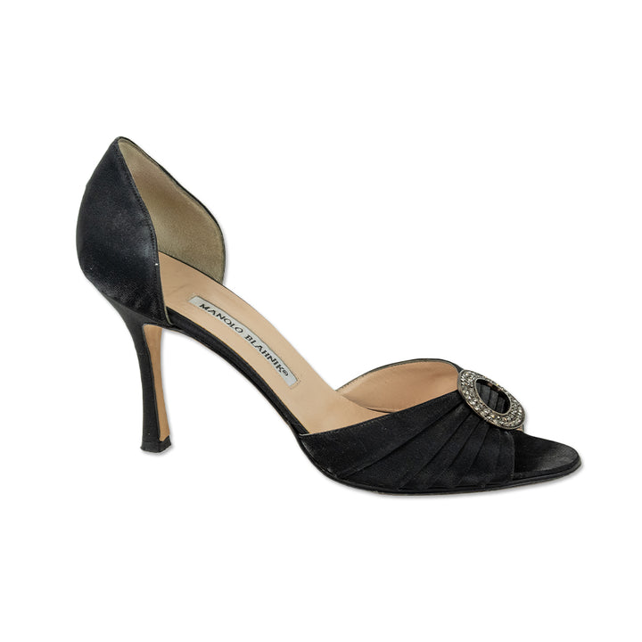 Manolo Blahnik Black Ruched Satin Round Crystal Buckle D'Orsay Pumps