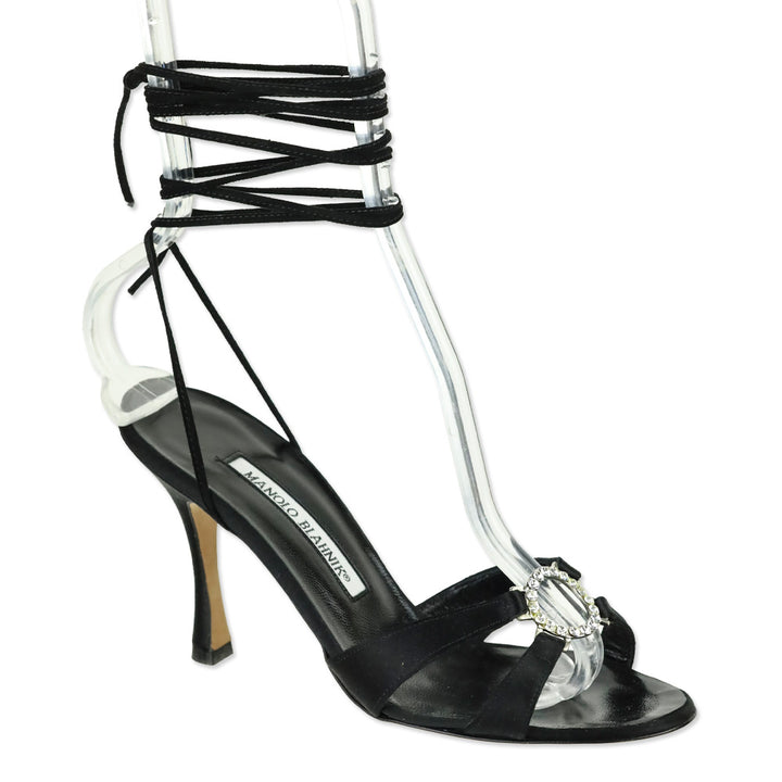 Manolo Blahnik Black Satin Round Crystal Ankle-Wrap Sandal