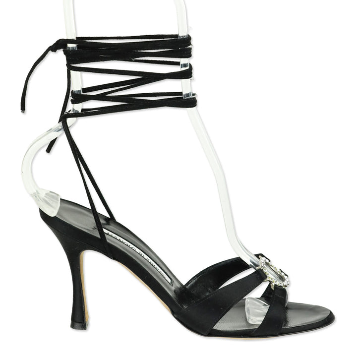 Manolo Blahnik Black Satin Round Crystal Ankle-Wrap Sandal
