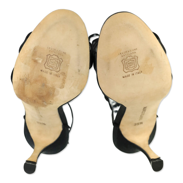 Manolo Blahnik Black Satin Round Crystal Ankle-Wrap Sandal