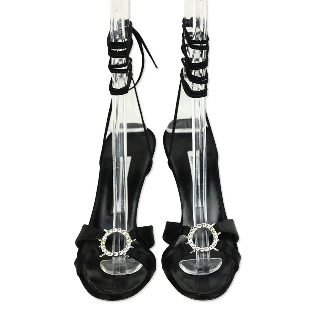 Manolo Blahnik Black Satin Round Crystal Ankle-Wrap Sandal