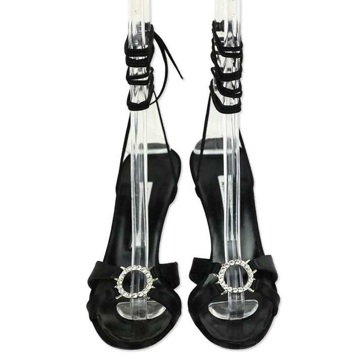 Manolo Blahnik Black Satin Round Crystal Ankle-Wrap Sandal