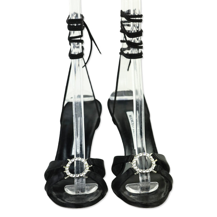 Manolo Blahnik Black Satin Round Crystal Ankle-Wrap Sandal