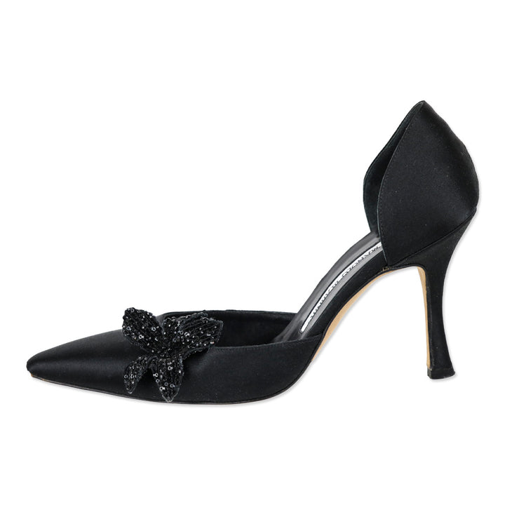 Manolo Blahnik Black Satin Sequin Flower D'Orsay Pump