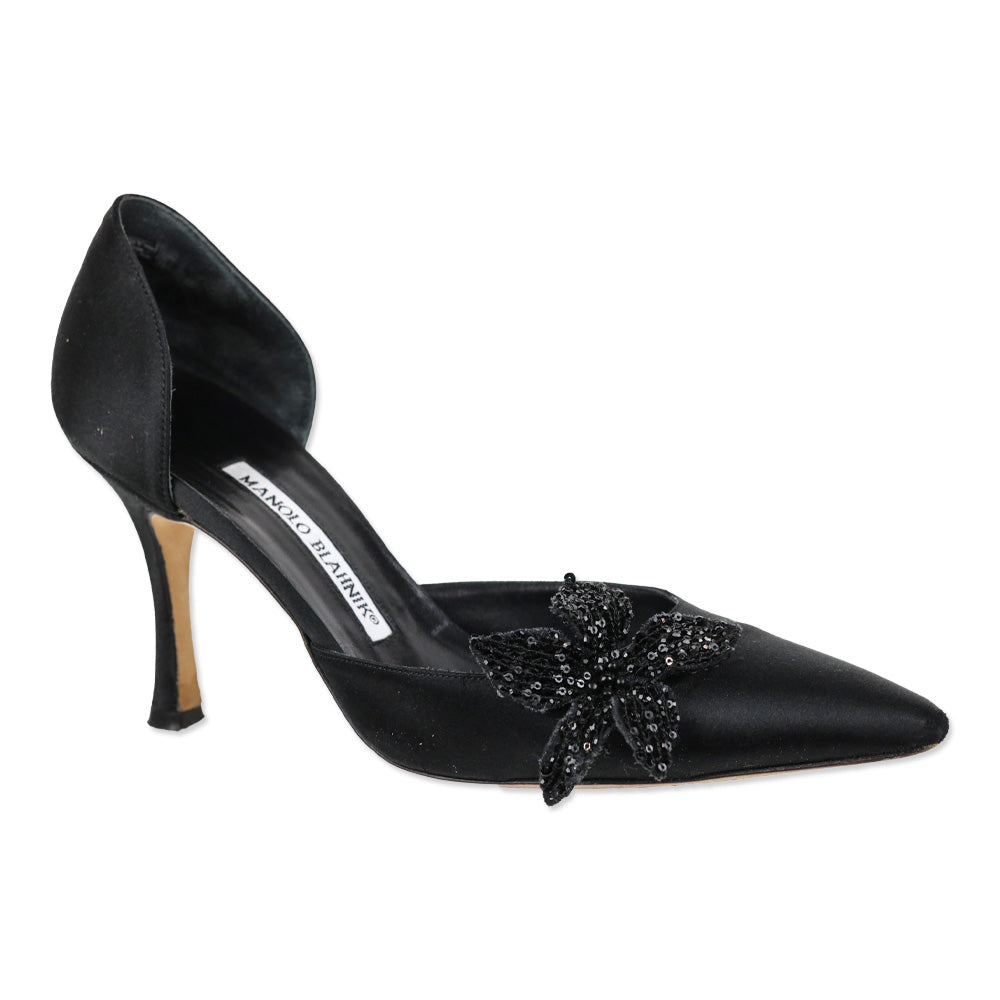Manolo Blahnik Black Satin Sequin Flower D'Orsay Pump | DBLTKE