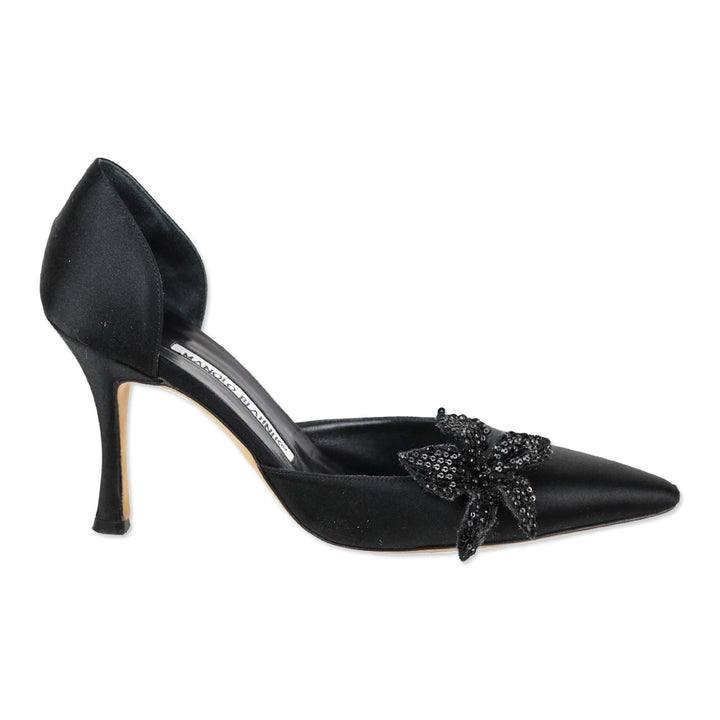 Manolo Blahnik Black Satin Sequin Flower D'Orsay Pump