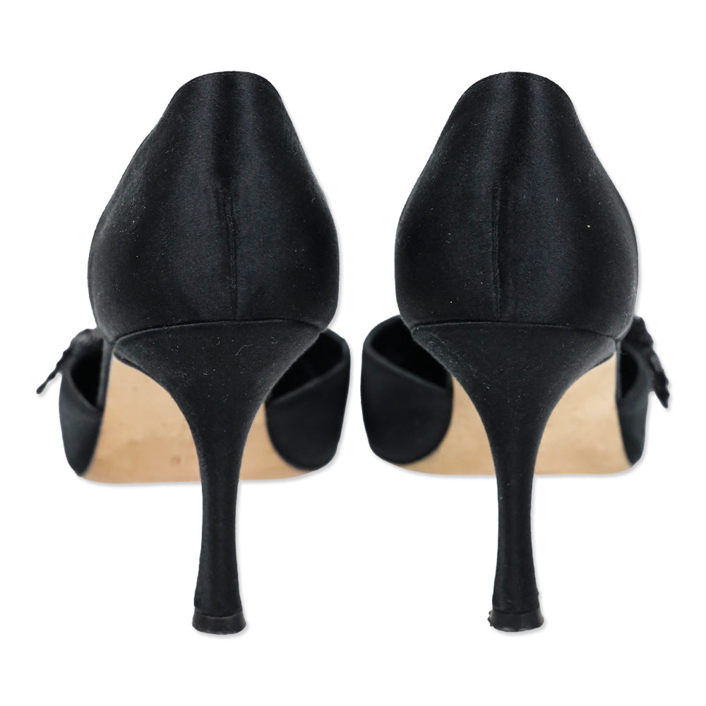 Manolo Blahnik Black Satin Sequin Flower D'Orsay Pump | DBLTKE