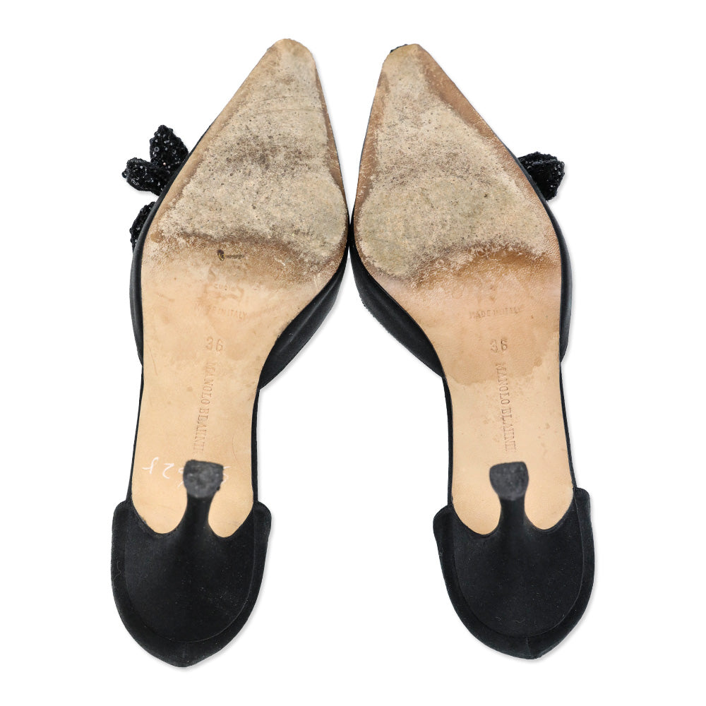 Manolo Blahnik Black Satin Sequin Flower D'Orsay Pump | DBLTKE