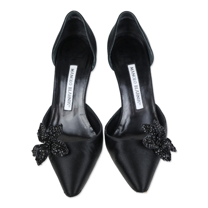 Manolo Blahnik Black Satin Sequin Flower D'Orsay Pump