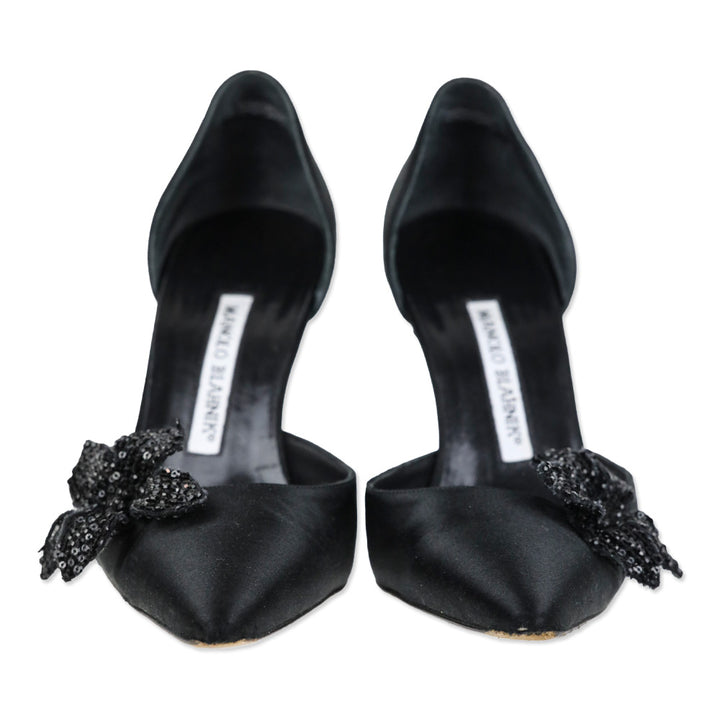 Manolo Blahnik Black Satin Sequin Flower D'Orsay Pump