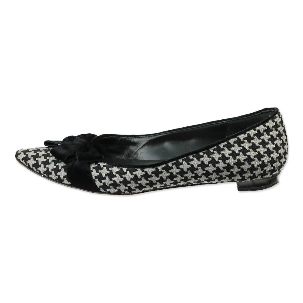 Manolo Blahnik Black/Grey Woven Houndstooth Velvet Bow Flat
