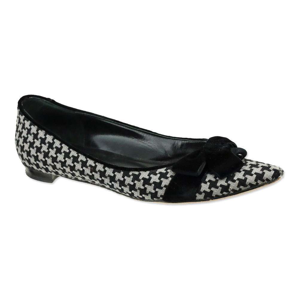 Manolo Blahnik Black/Grey Woven Houndstooth Velvet Bow Flat