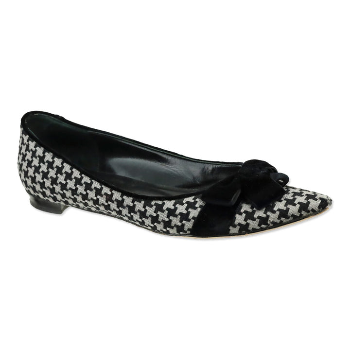 Manolo Blahnik Black/Grey Woven Houndstooth Velvet Bow Flat