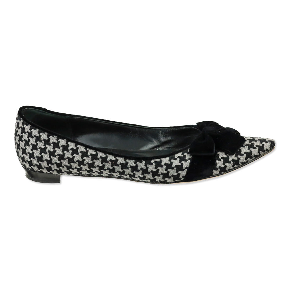 Manolo Blahnik Black/Grey Woven Houndstooth Velvet Bow Flat