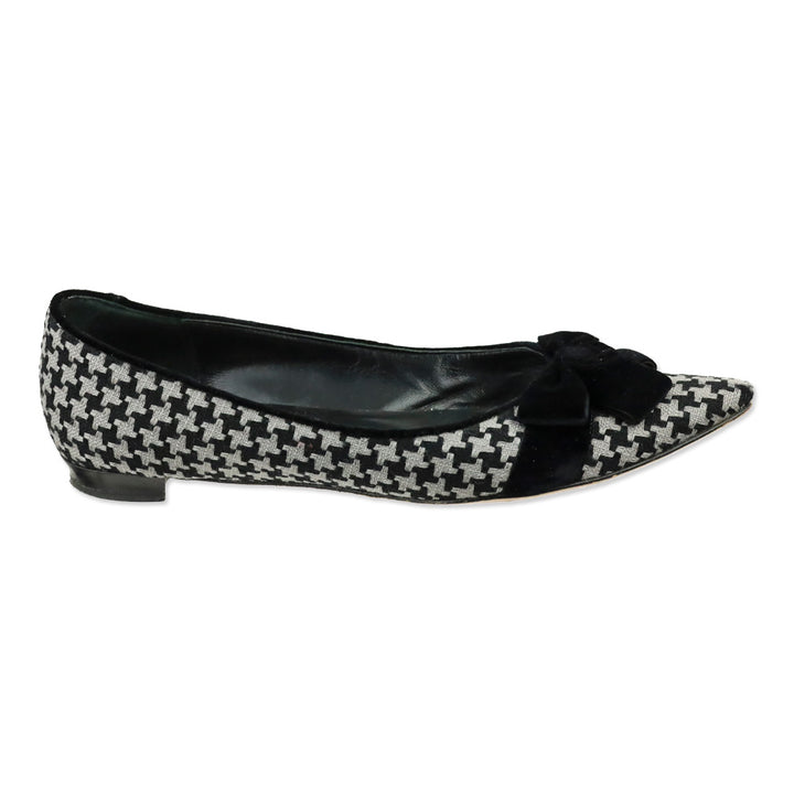 Manolo Blahnik Black/Grey Woven Houndstooth Velvet Bow Flat