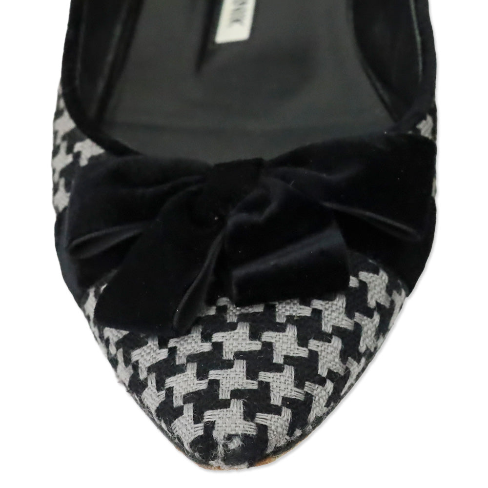 Manolo Blahnik Black/Grey Woven Houndstooth Velvet Bow Flat