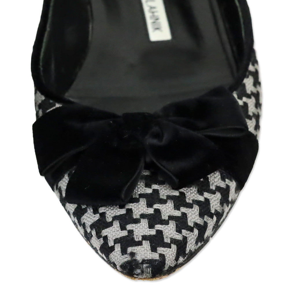 Manolo Blahnik Black/Grey Woven Houndstooth Velvet Bow Flat