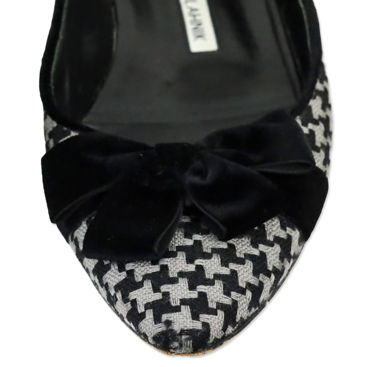 Manolo Blahnik Black/Grey Woven Houndstooth Velvet Bow Flat