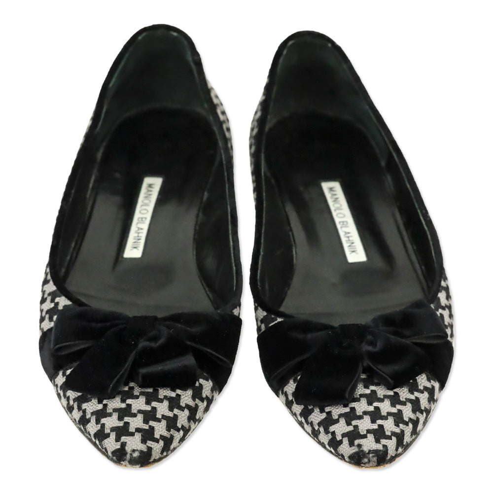 Manolo Blahnik Black/Grey Woven Houndstooth Velvet Bow Flat