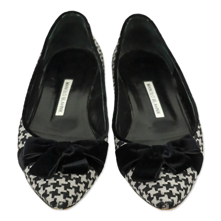 Manolo Blahnik Black/Grey Woven Houndstooth Velvet Bow Flat