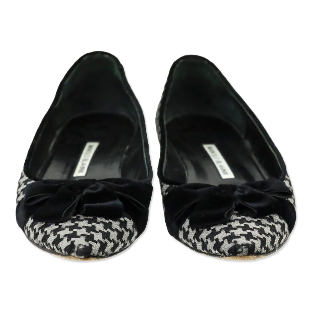 Manolo Blahnik Black/Grey Woven Houndstooth Velvet Bow Flat