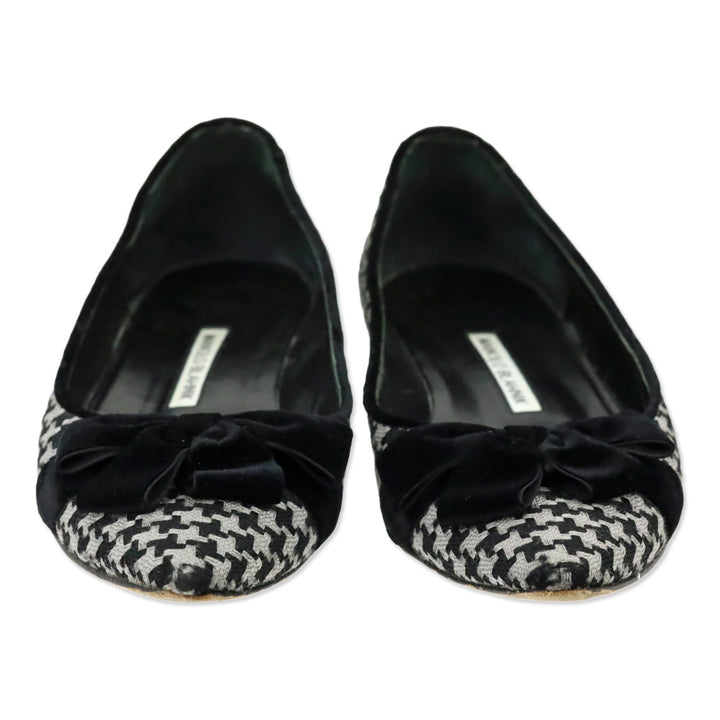 Manolo Blahnik Black/Grey Woven Houndstooth Velvet Bow Flat