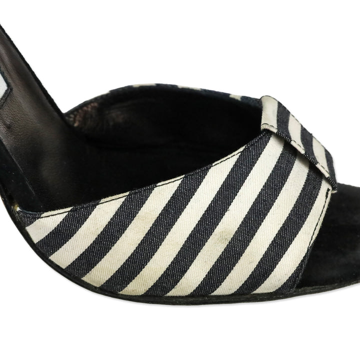 Manolo Blahnik Black/White Striped Canvas Ankle-Wrap Sandals