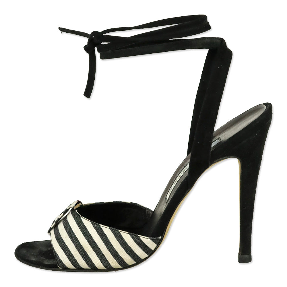 Manolo Blahnik Black/White Striped Canvas Ankle-Wrap Sandals