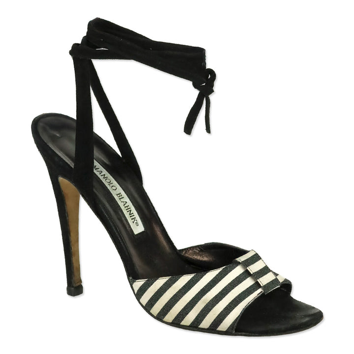 Manolo Blahnik Black/White Striped Canvas Ankle-Wrap Sandals