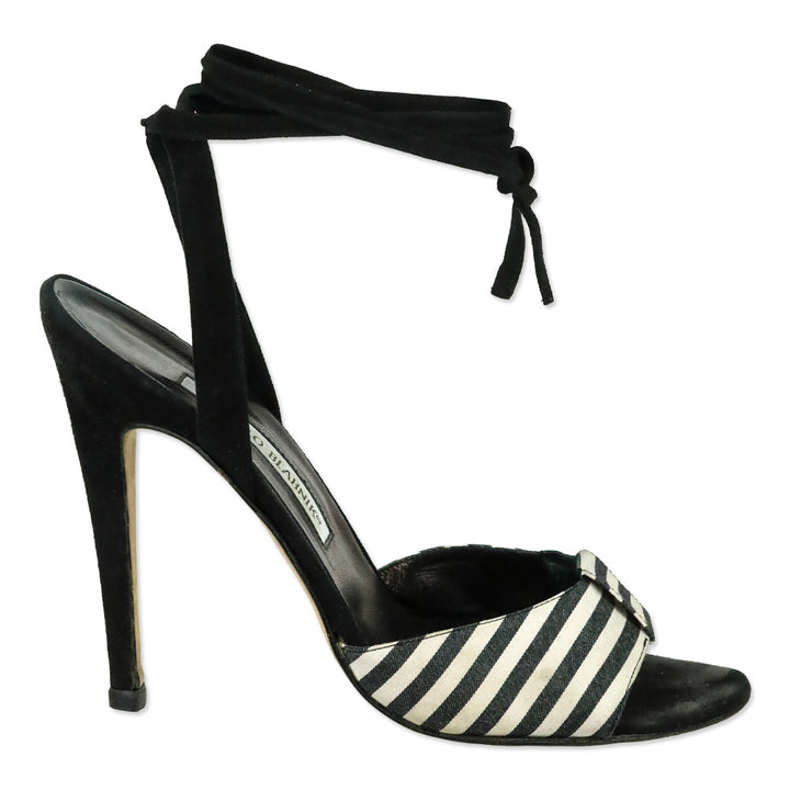 Manolo Blahnik Black/White Striped Canvas Ankle-Wrap Sandals