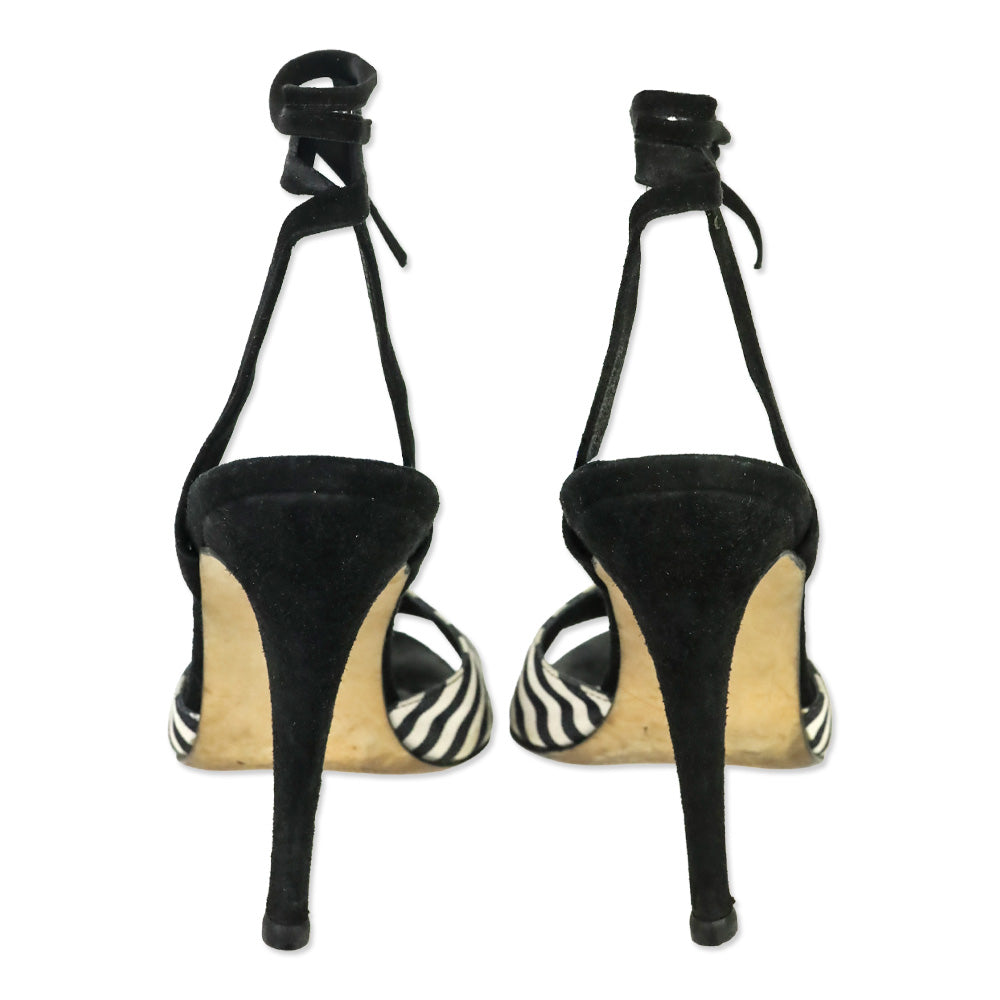 Manolo Blahnik Black/White Striped Canvas Ankle-Wrap Sandals
