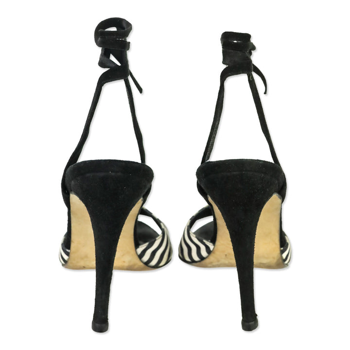 Manolo Blahnik Black/White Striped Canvas Ankle-Wrap Sandals