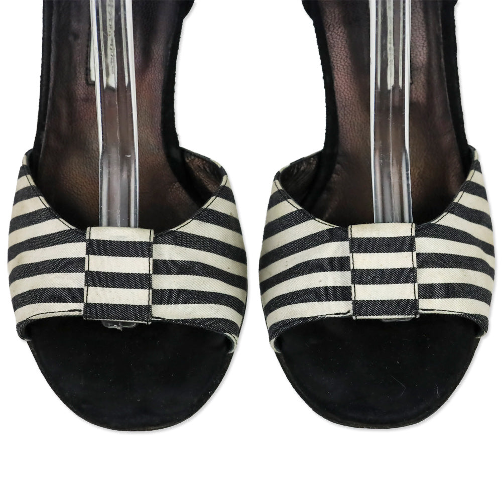 Manolo Blahnik Black/White Striped Canvas Ankle-Wrap Sandals