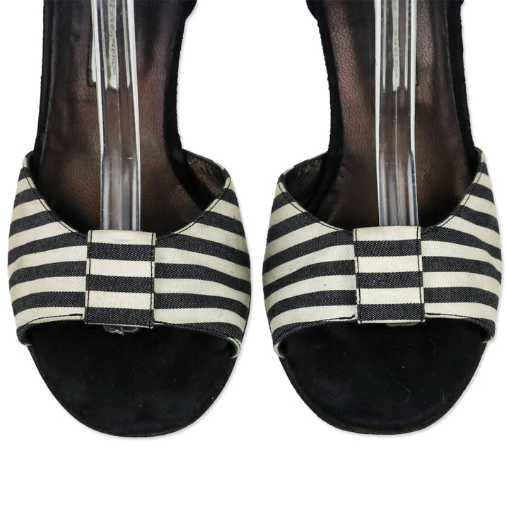 Manolo Blahnik Black/White Striped Canvas Ankle-Wrap Sandals