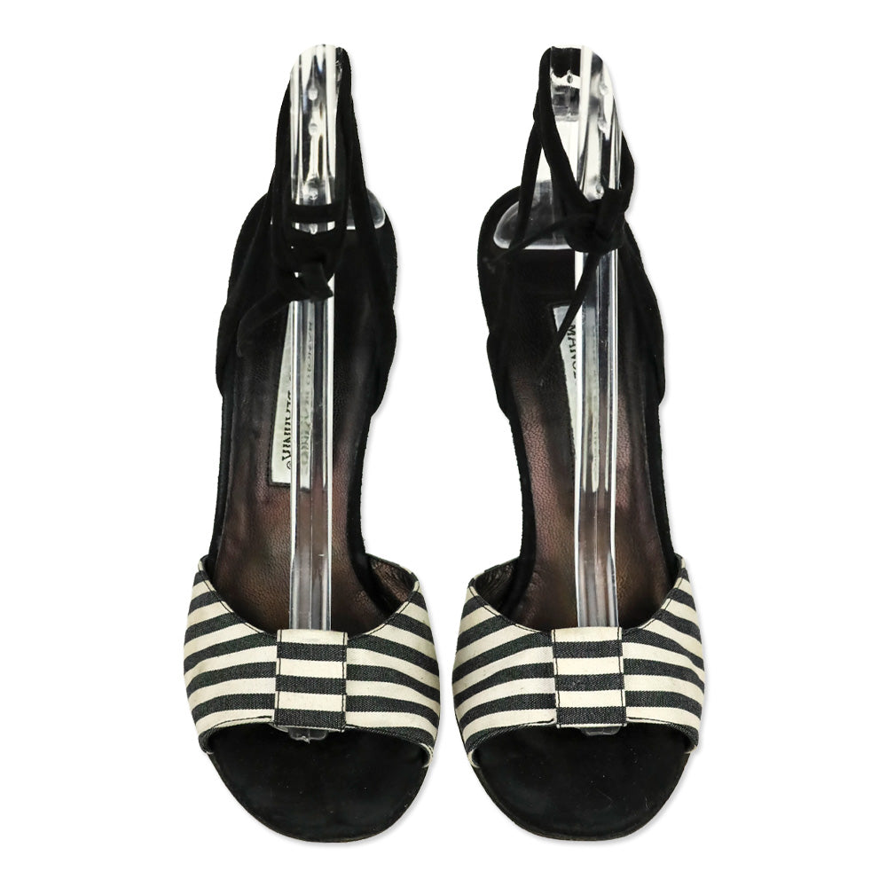 Manolo Blahnik Black/White Striped Canvas Ankle-Wrap Sandals