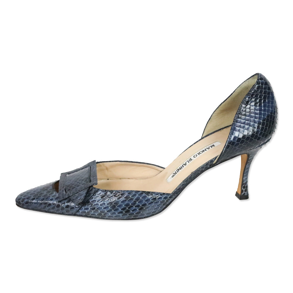 Manolo Blahnik Blue Snakeskin Buckle D'Orsay Pumps