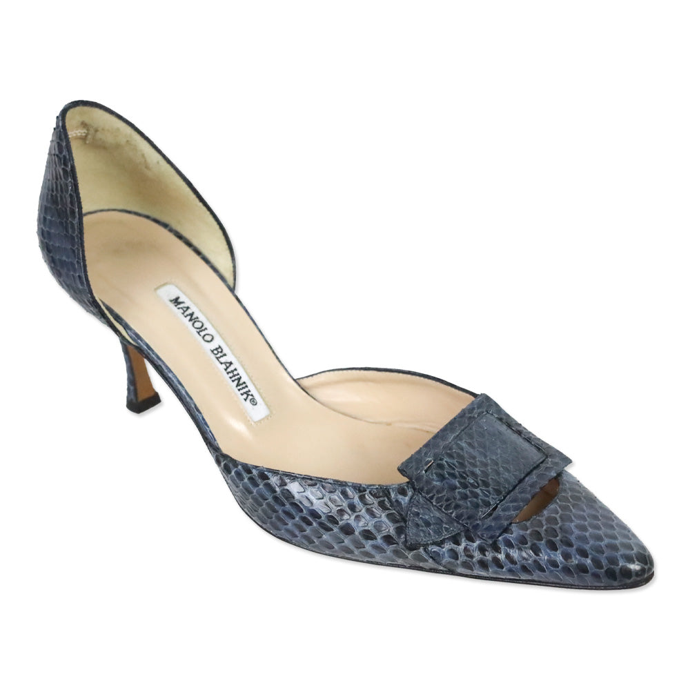 Manolo Blahnik Blue Snakeskin Buckle D'Orsay Pumps