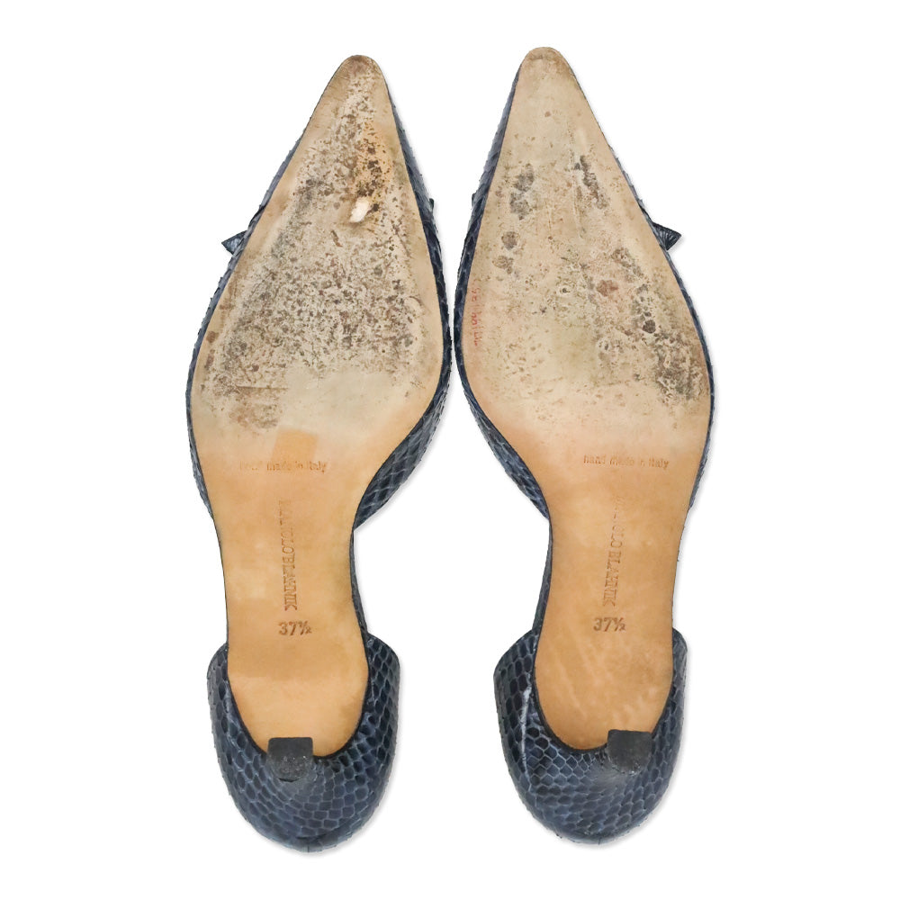 Manolo Blahnik Blue Snakeskin Buckle D'Orsay Pumps