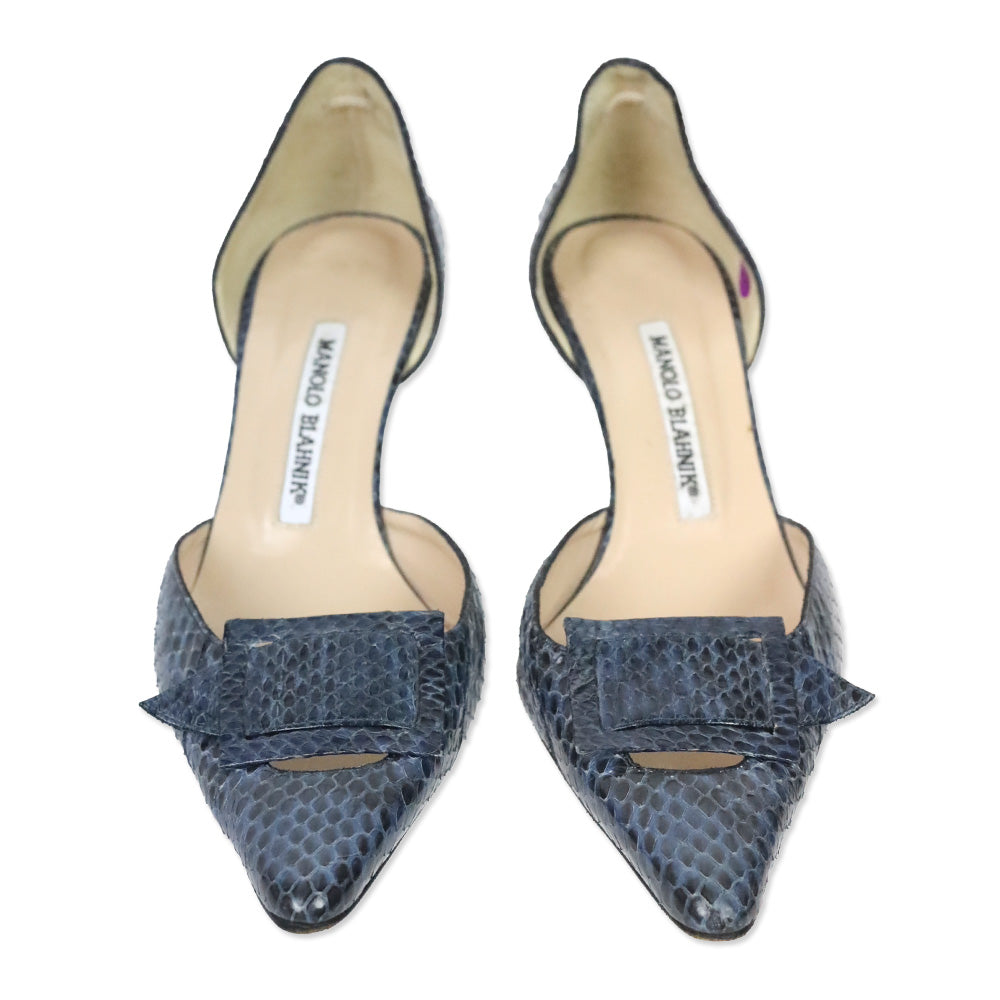 Manolo Blahnik Blue Snakeskin Buckle D'Orsay Pumps