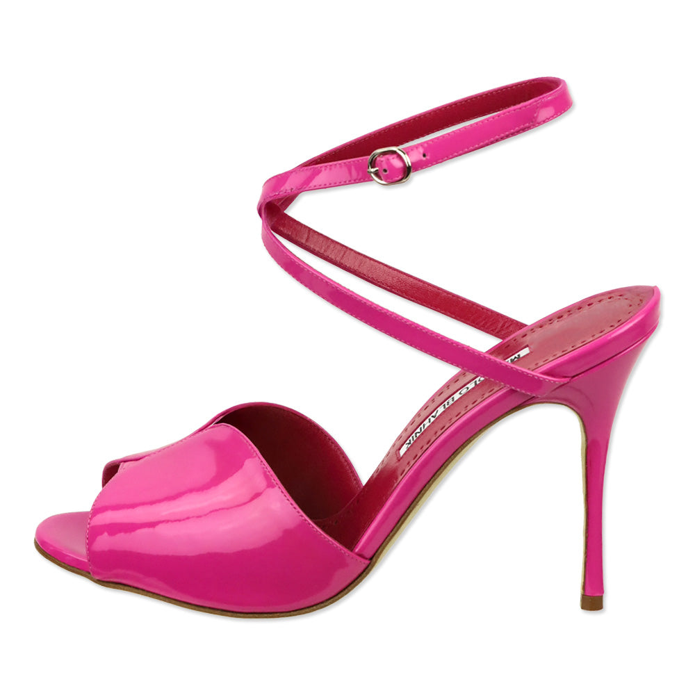 Manolo Blahnik Bright Pink Patent Leather Hourani 100 Patent Sandal