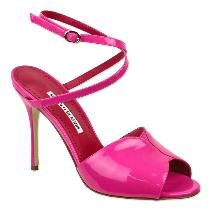 Manolo Blahnik Bright Pink Patent Leather Hourani 100 Patent Sandal