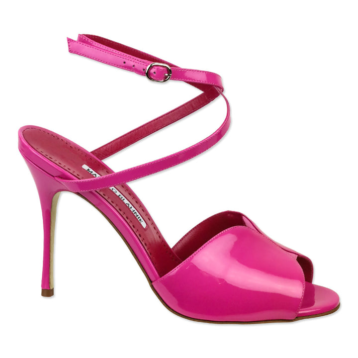 Manolo Blahnik Bright Pink Patent Leather Hourani 100 Patent Sandal