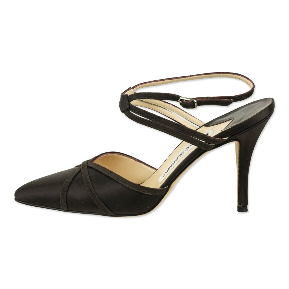 Manolo Blahnik Brown Satin Ankle-Strap Pump