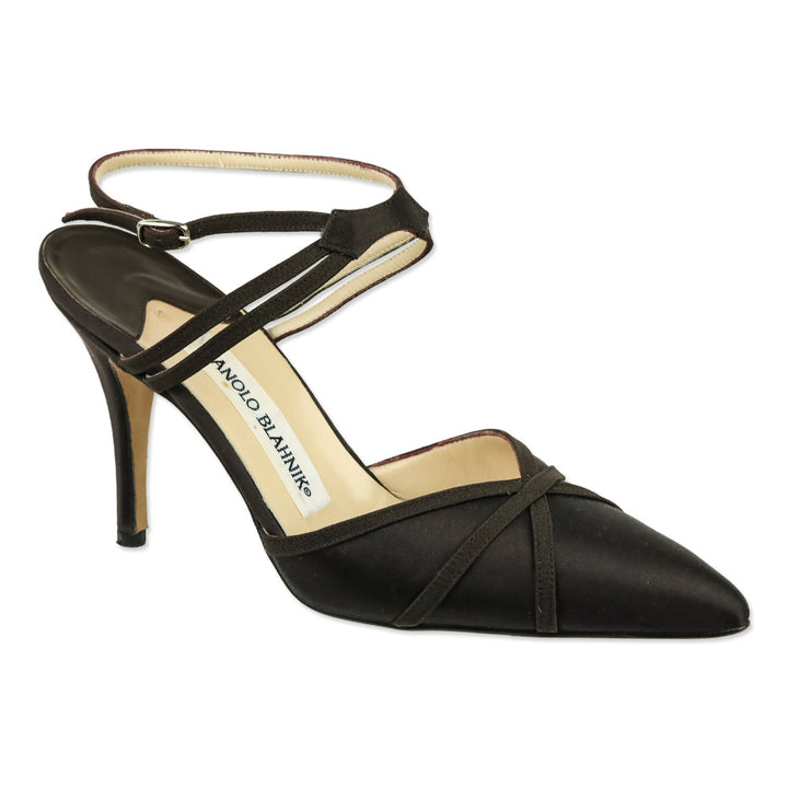 Manolo Blahnik Brown Satin Ankle-Strap Pump