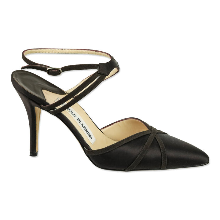 Manolo Blahnik Brown Satin Ankle-Strap Pump